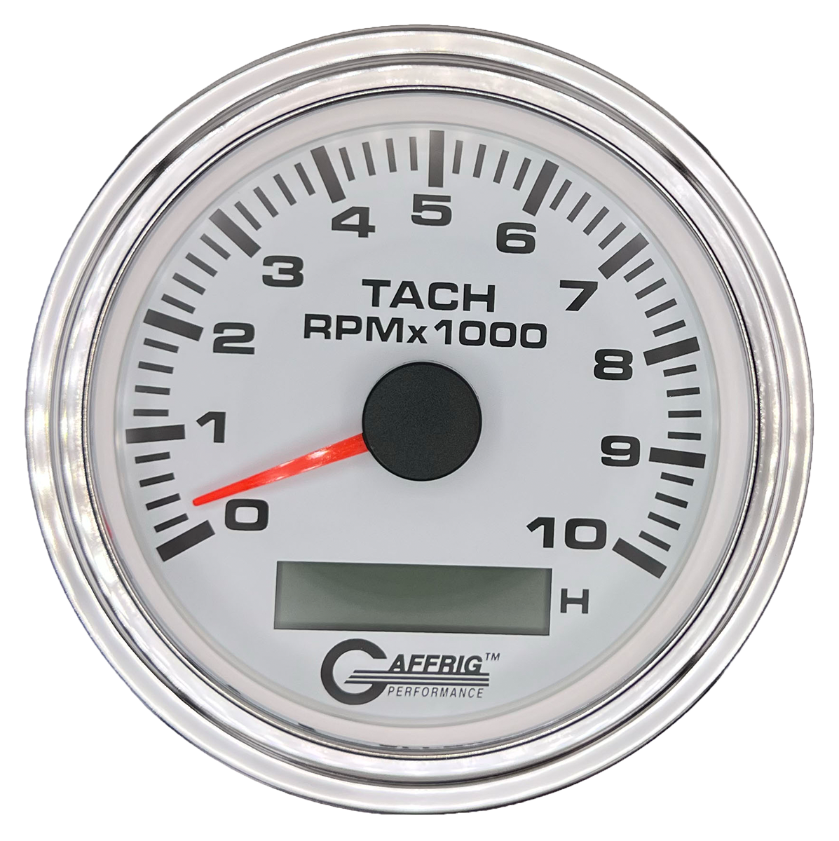 GAFFRIG 3 3/8 INCH ELECTRIC TACH/HOUR METER 6000, 8000, 10000 RPM WHITE 10000 / STEP RIM (008) / CHROME/POLISHED