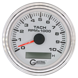 GAFFRIG 3 3/8 INCH ELECTRIC TACH/HOUR METER 6000, 8000, 10000 RPM WHITE 10000 / STEP RIM (008) / CHROME/POLISHED