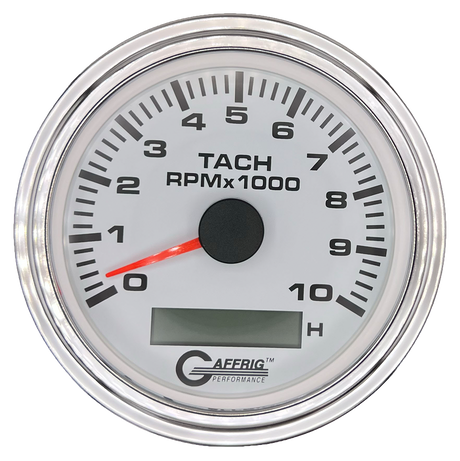 GAFFRIG 3 3/8 INCH ELECTRIC TACH/HOUR METER 6000, 8000, 10000 RPM WHITE 10000 / STEP RIM (008) / CHROME/POLISHED