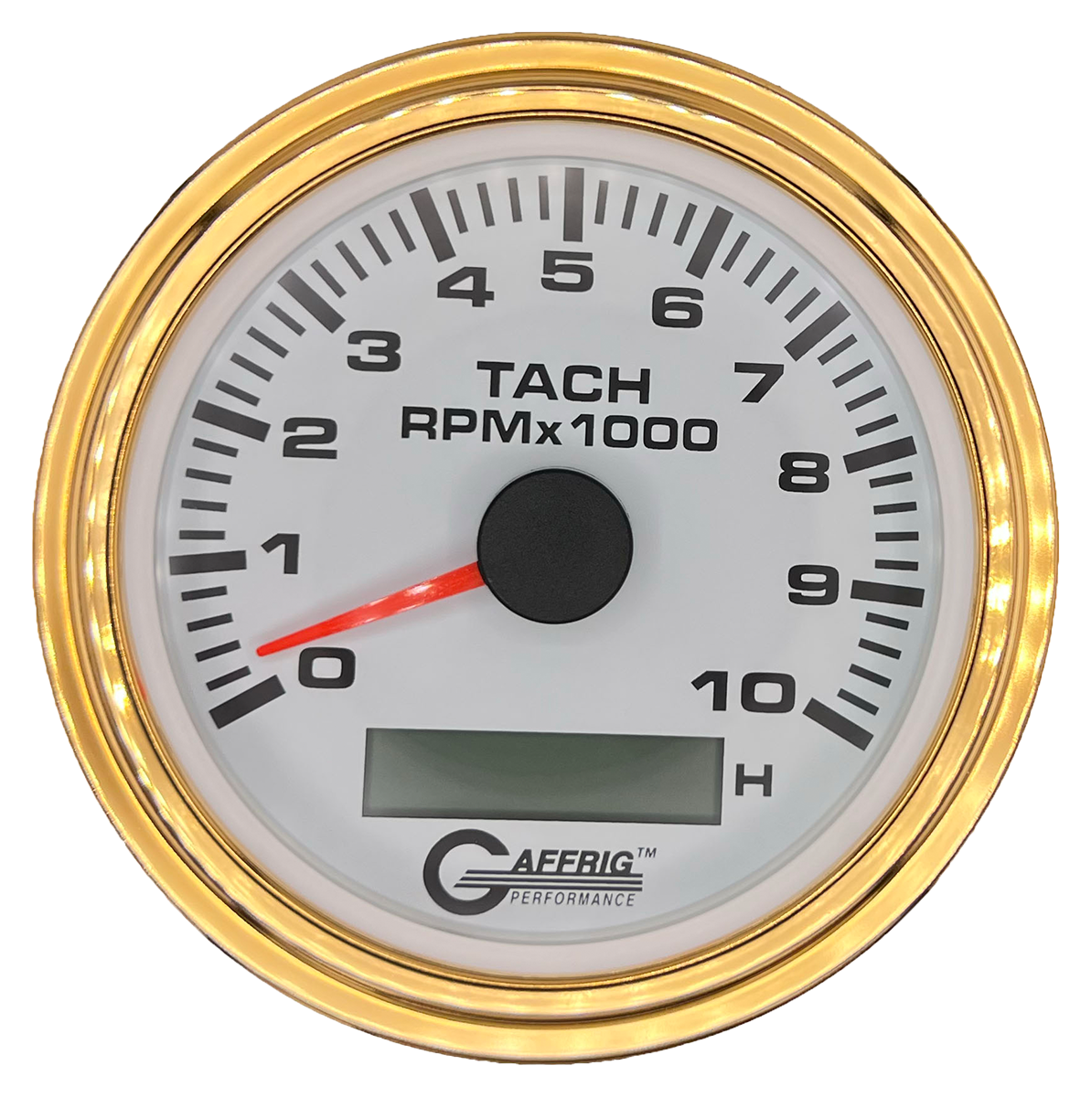 GAFFRIG 3 3/8 INCH ELECTRIC TACH/HOUR METER 6000, 8000, 10000 RPM WHITE 10000 / STEP RIM (008) / GOLD