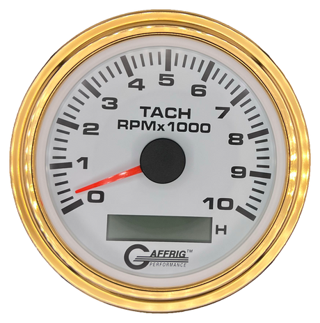 GAFFRIG 3 3/8 INCH ELECTRIC TACH/HOUR METER 6000, 8000, 10000 RPM WHITE 10000 / STEP RIM (008) / GOLD