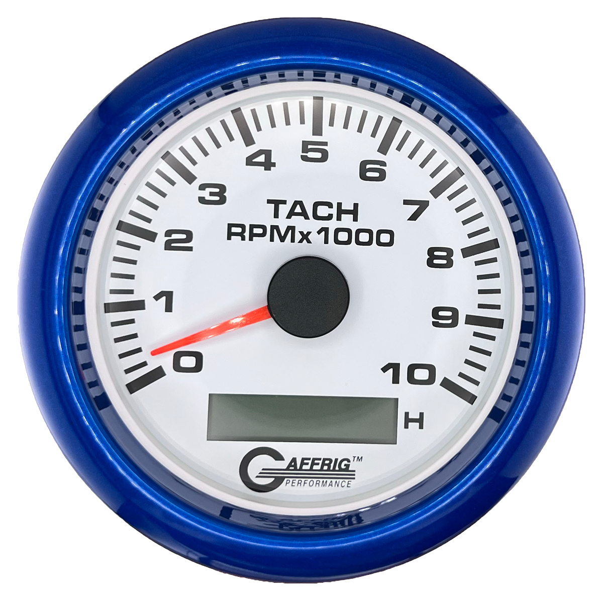 GAFFRIG 3 3/8 INCH ELECTRIC TACH/HOUR METER 6000, 8000, 10000 RPM WHITE 10000 / FAT RIM (338) / BLUE