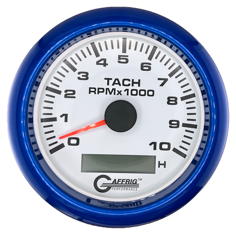 GAFFRIG 3 3/8 INCH ELECTRIC TACH/HOUR METER 6000, 8000, 10000 RPM WHITE 10000 / FAT RIM (338) / BLUE