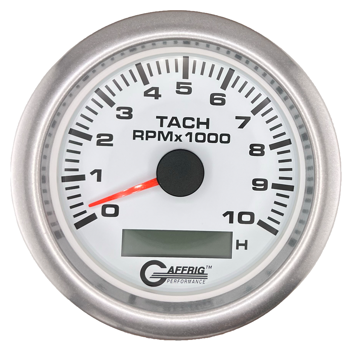 GAFFRIG 3 3/8 INCH ELECTRIC TACH/HOUR METER 6000, 8000, 10000 RPM WHITE 10000 / FAT RIM (338) / PLATINUM