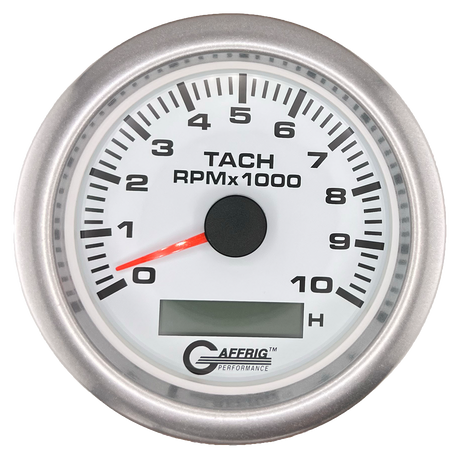 GAFFRIG 3 3/8 INCH ELECTRIC TACH/HOUR METER 6000, 8000, 10000 RPM WHITE 10000 / FAT RIM (338) / PLATINUM