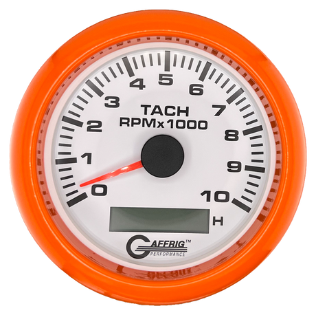 GAFFRIG 3 3/8 INCH ELECTRIC TACH/HOUR METER 6000, 8000, 10000 RPM WHITE 10000 / FAT RIM (338) / ORANGE