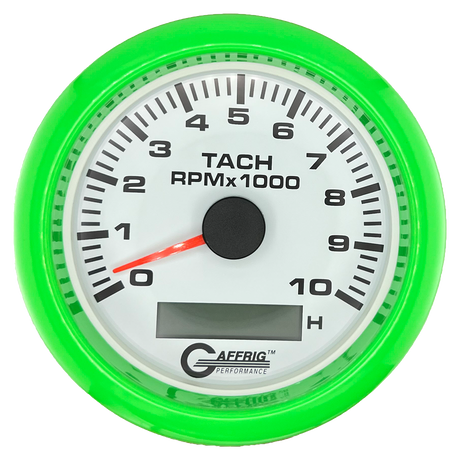 GAFFRIG 3 3/8 INCH ELECTRIC TACH/HOUR METER 6000, 8000, 10000 RPM WHITE 10000 / FAT RIM (338) / LIME GREEN