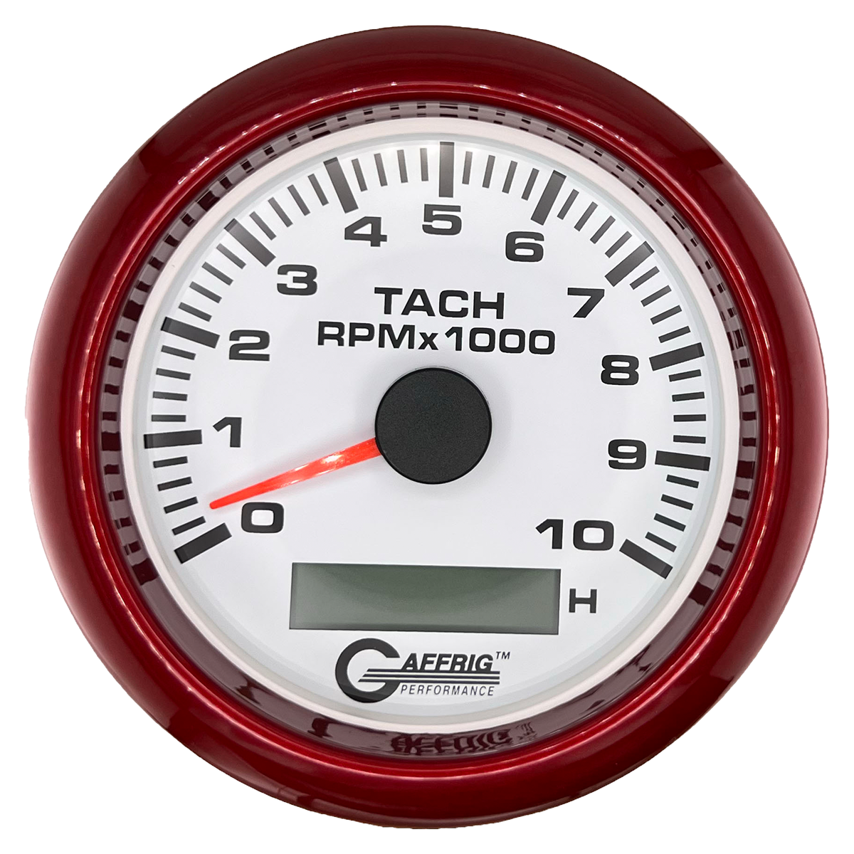 GAFFRIG 3 3/8 INCH ELECTRIC TACH/HOUR METER 6000, 8000, 10000 RPM WHITE 10000 / FAT RIM (338) / RED