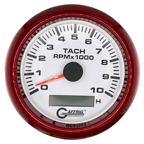 GAFFRIG 3 3/8 INCH ELECTRIC TACH/HOUR METER 6000, 8000, 10000 RPM WHITE 10000 / FAT RIM (338) / RED