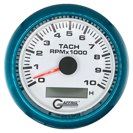 GAFFRIG 3 3/8 INCH ELECTRIC TACH/HOUR METER 6000, 8000, 10000 RPM WHITE 10000 / FAT RIM (338) / TEAL