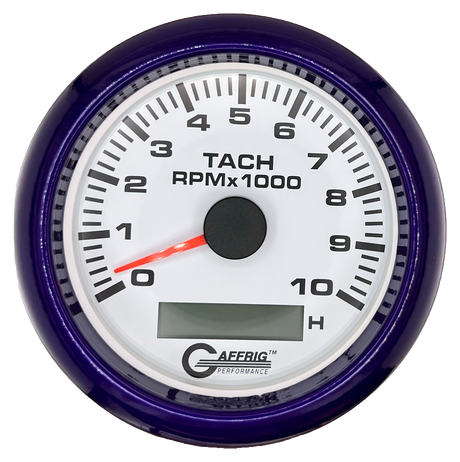 GAFFRIG 3 3/8 INCH ELECTRIC TACH/HOUR METER 6000, 8000, 10000 RPM WHITE 10000 / FAT RIM (338) / PURPLE