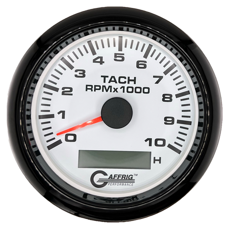 GAFFRIG 3 3/8 INCH ELECTRIC TACH/HOUR METER 6000, 8000, 10000 RPM WHITE 10000 / FAT RIM (338) / BLACK