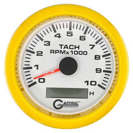 GAFFRIG 3 3/8 INCH ELECTRIC TACH/HOUR METER 6000, 8000, 10000 RPM WHITE 10000 / FAT RIM (338) / YELLOW