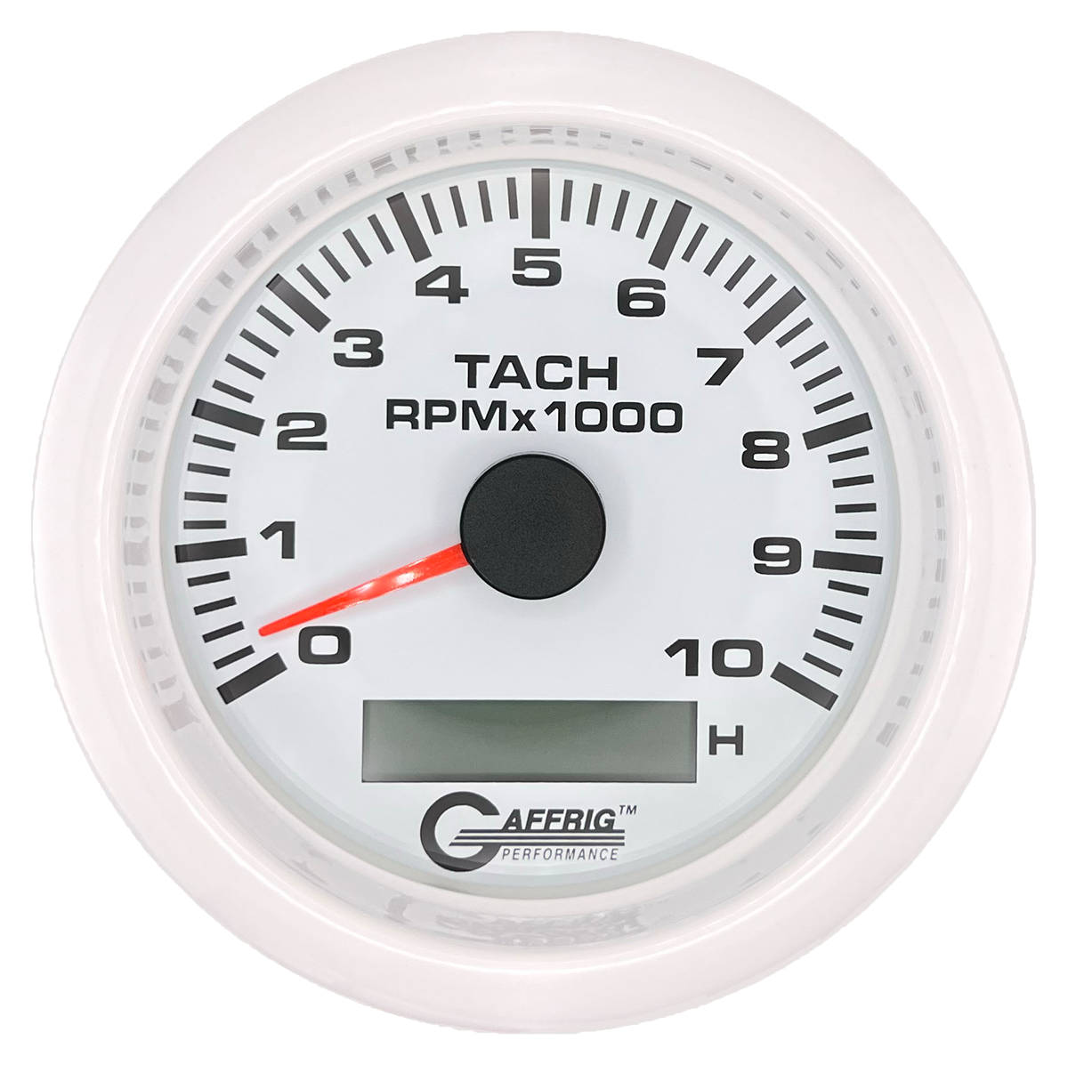 GAFFRIG 3 3/8 INCH ELECTRIC TACH/HOUR METER 6000, 8000, 10000 RPM WHITE 10000 / FAT RIM (338) / WHITE