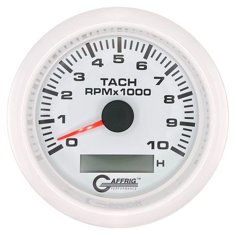 GAFFRIG 3 3/8 INCH ELECTRIC TACH/HOUR METER 6000, 8000, 10000 RPM WHITE 10000 / FAT RIM (338) / WHITE