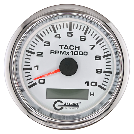 GAFFRIG 3 3/8 INCH ELECTRIC TACH/HOUR METER 6000, 8000, 10000 RPM WHITE 10000 / FAT RIM (338) / CHROME/POLISHED