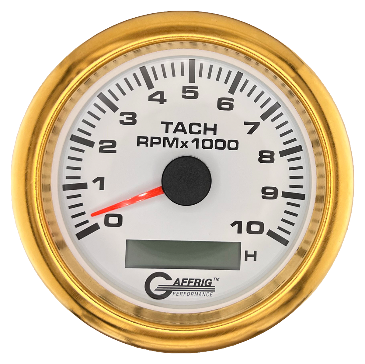 GAFFRIG 3 3/8 INCH ELECTRIC TACH/HOUR METER 6000, 8000, 10000 RPM WHITE 10000 / FAT RIM (338) / GOLD