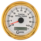 GAFFRIG 3 3/8 INCH ELECTRIC TACH/HOUR METER 6000, 8000, 10000 RPM WHITE 10000 / FAT RIM (338) / GOLD