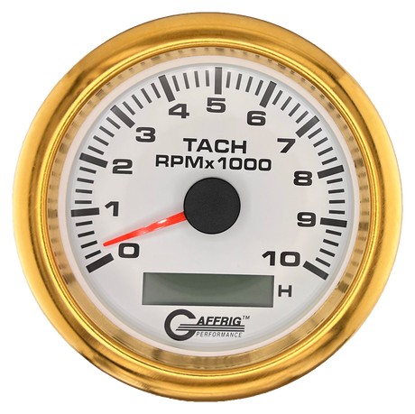 GAFFRIG 3 3/8 INCH ELECTRIC TACH/HOUR METER 6000, 8000, 10000 RPM WHITE 10000 / FAT RIM (338) / GOLD