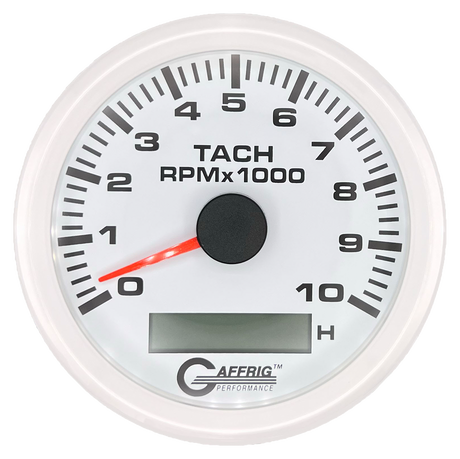 GAFFRIG 3 3/8 INCH ELECTRIC TACH/HOUR METER 6000, 8000, 10000 RPM WHITE 10000 / STEP RIM (008) / WHITE