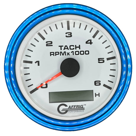 GAFFRIG 3 3/8 INCH ELECTRIC TACH/HOUR METER 6000, 8000, 10000 RPM WHITE 6000 / STEP RIM (008) / BLUE