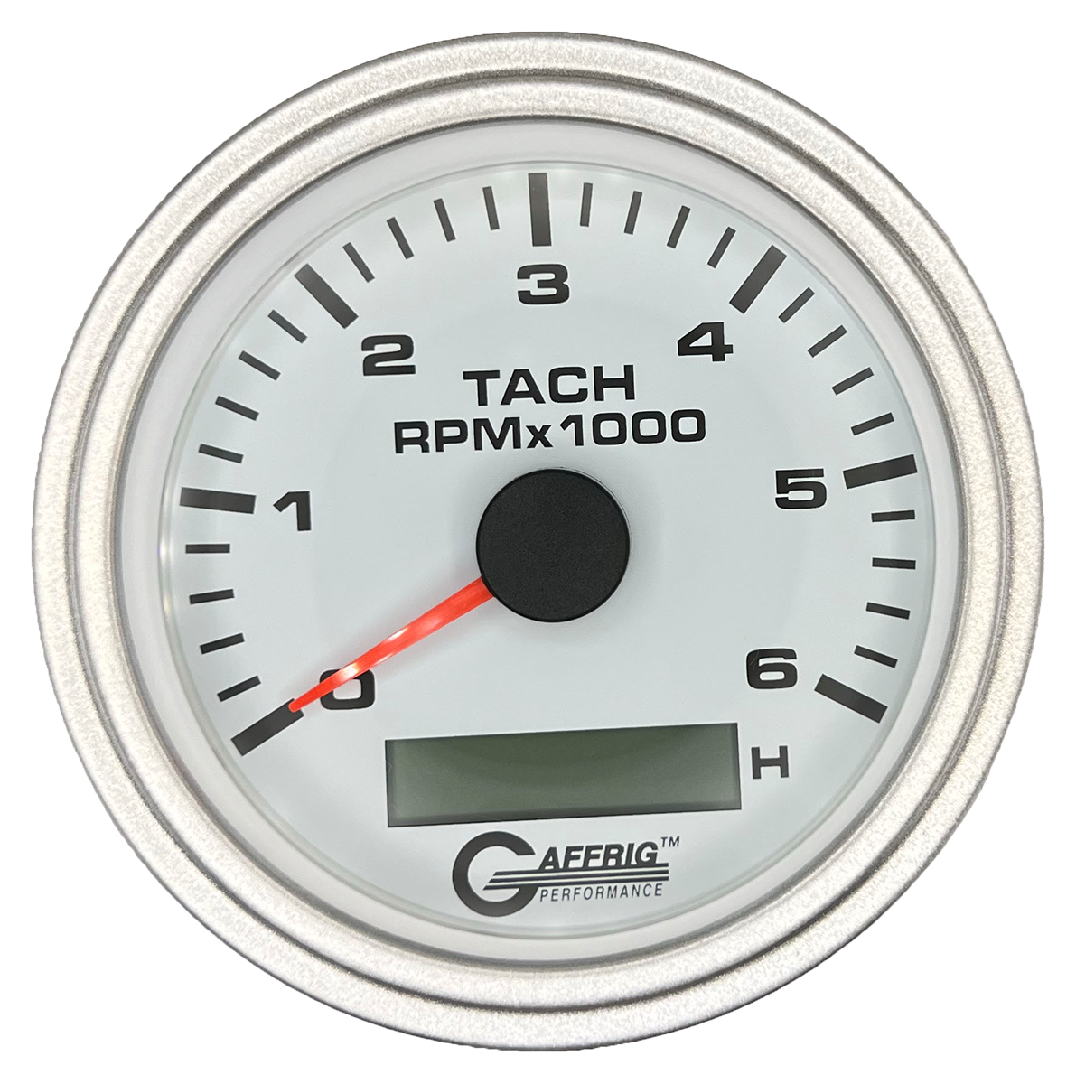 GAFFRIG 3 3/8 INCH ELECTRIC TACH/HOUR METER 6000, 8000, 10000 RPM WHITE 6000 / STEP RIM (008) / PLATINUM