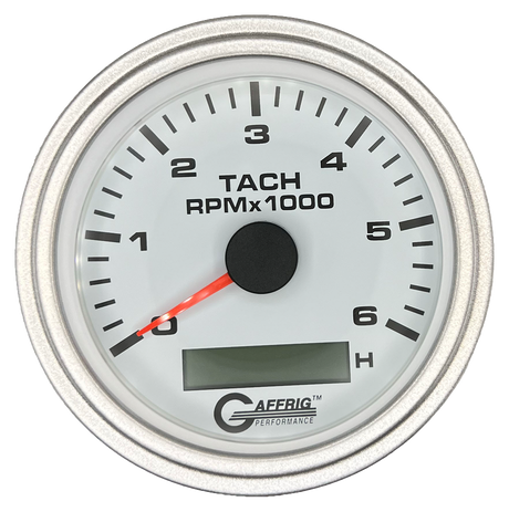 GAFFRIG 3 3/8 INCH ELECTRIC TACH/HOUR METER 6000, 8000, 10000 RPM WHITE 6000 / STEP RIM (008) / PLATINUM