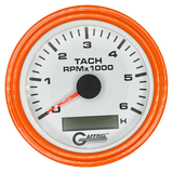 GAFFRIG 3 3/8 INCH ELECTRIC TACH/HOUR METER 6000, 8000, 10000 RPM WHITE 6000 / STEP RIM (008) / ORANGE