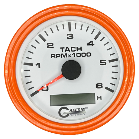 GAFFRIG 3 3/8 INCH ELECTRIC TACH/HOUR METER 6000, 8000, 10000 RPM WHITE 6000 / STEP RIM (008) / ORANGE