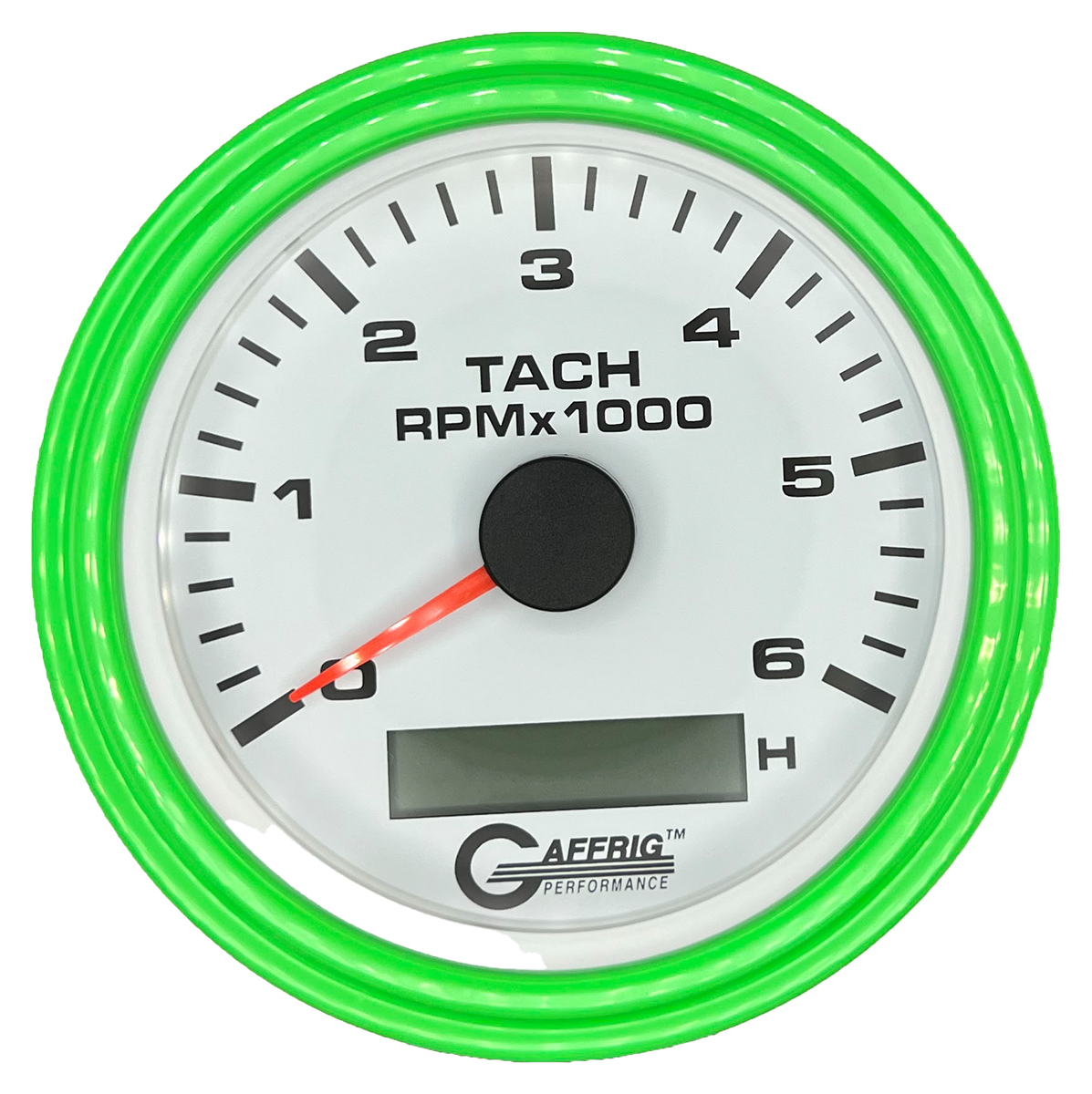 GAFFRIG 3 3/8 INCH ELECTRIC TACH/HOUR METER 6000, 8000, 10000 RPM WHITE 6000 / STEP RIM (008) / LIME GREEN