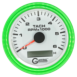 GAFFRIG 3 3/8 INCH ELECTRIC TACH/HOUR METER 6000, 8000, 10000 RPM WHITE 6000 / STEP RIM (008) / LIME GREEN