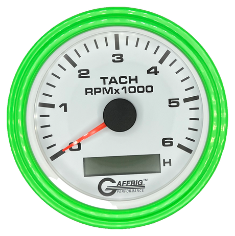 GAFFRIG 3 3/8 INCH ELECTRIC TACH/HOUR METER 6000, 8000, 10000 RPM WHITE 6000 / STEP RIM (008) / LIME GREEN