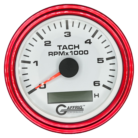 GAFFRIG 3 3/8 INCH ELECTRIC TACH/HOUR METER 6000, 8000, 10000 RPM WHITE 6000 / STEP RIM (008) / RED