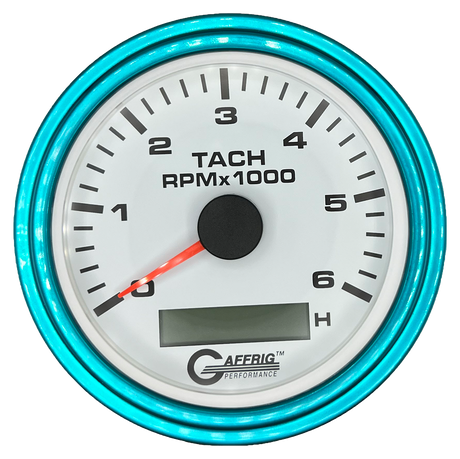 GAFFRIG 3 3/8 INCH ELECTRIC TACH/HOUR METER 6000, 8000, 10000 RPM WHITE 6000 / STEP RIM (008) / TEAL