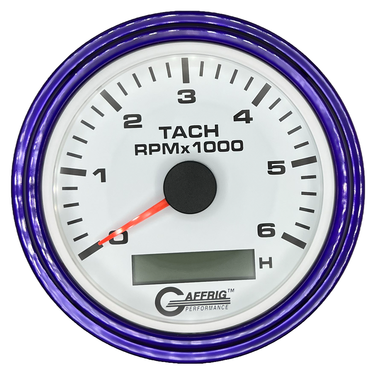 GAFFRIG 3 3/8 INCH ELECTRIC TACH/HOUR METER 6000, 8000, 10000 RPM WHITE 6000 / STEP RIM (008) / PURPLE