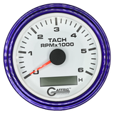 GAFFRIG 3 3/8 INCH ELECTRIC TACH/HOUR METER 6000, 8000, 10000 RPM WHITE 6000 / STEP RIM (008) / PURPLE