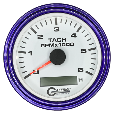 GAFFRIG 3 3/8 INCH ELECTRIC TACH/HOUR METER 6000, 8000, 10000 RPM WHITE 6000 / STEP RIM (008) / PURPLE