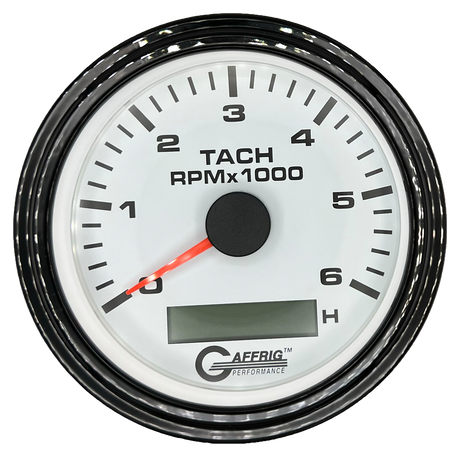 GAFFRIG 3 3/8 INCH ELECTRIC TACH/HOUR METER 6000, 8000, 10000 RPM WHITE 6000 / STEP RIM (008) / BLACK