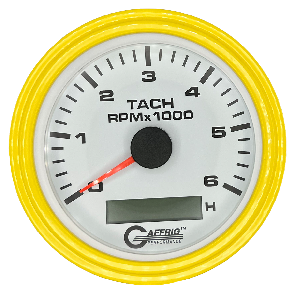 GAFFRIG 3 3/8 INCH ELECTRIC TACH/HOUR METER 6000, 8000, 10000 RPM WHITE 6000 / STEP RIM (008) / YELLOW