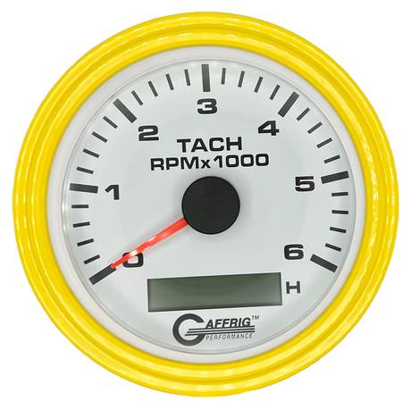 GAFFRIG 3 3/8 INCH ELECTRIC TACH/HOUR METER 6000, 8000, 10000 RPM WHITE 6000 / STEP RIM (008) / YELLOW