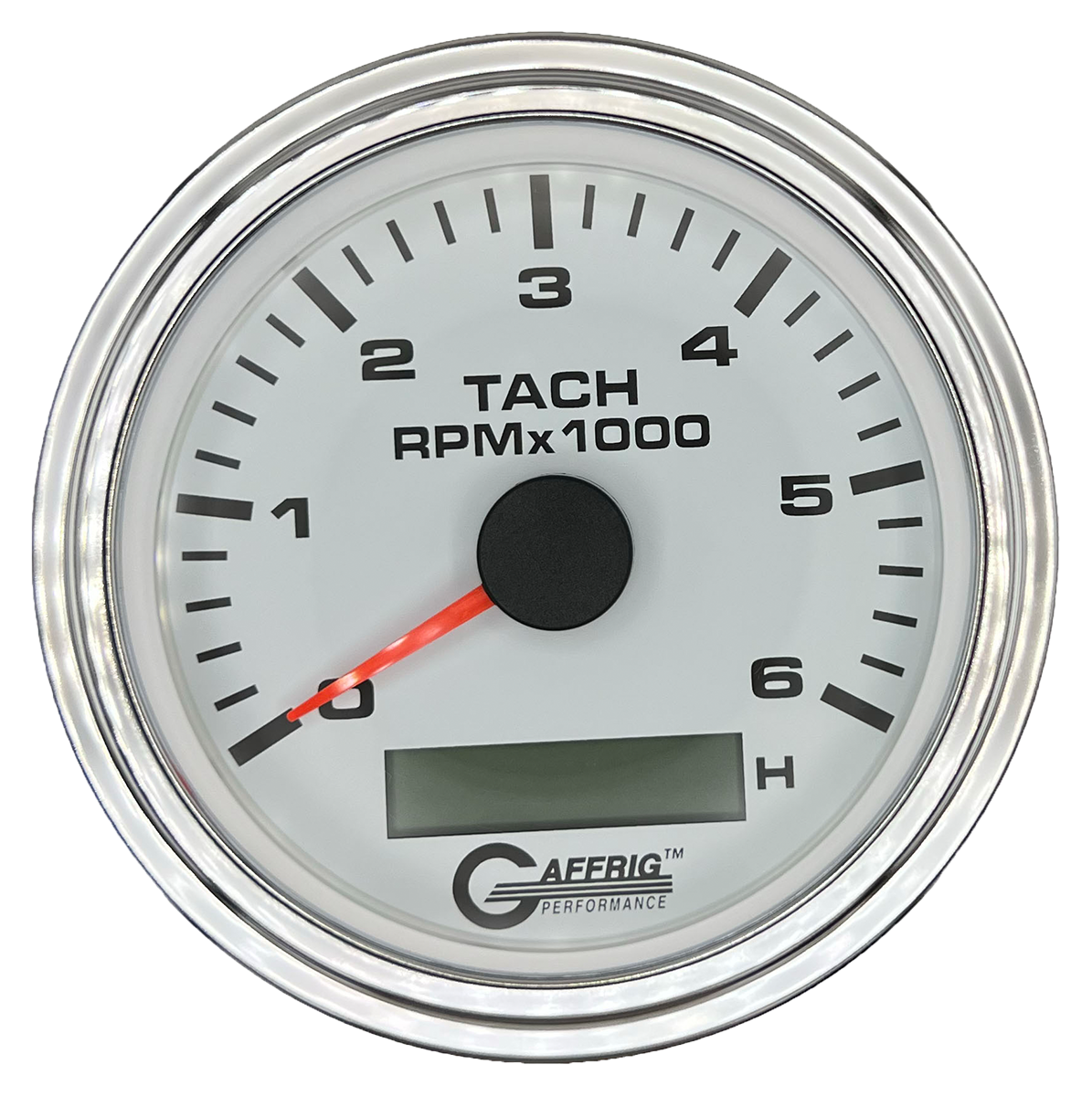 GAFFRIG 3 3/8 INCH ELECTRIC TACH/HOUR METER 6000, 8000, 10000 RPM WHITE 6000 / STEP RIM (008) / CHROME/POLISHED