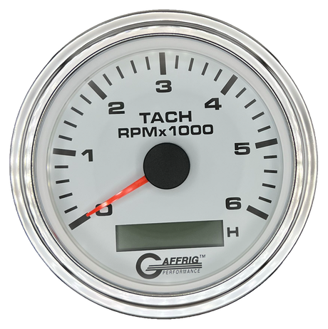 GAFFRIG 3 3/8 INCH ELECTRIC TACH/HOUR METER 6000, 8000, 10000 RPM WHITE 6000 / STEP RIM (008) / CHROME/POLISHED