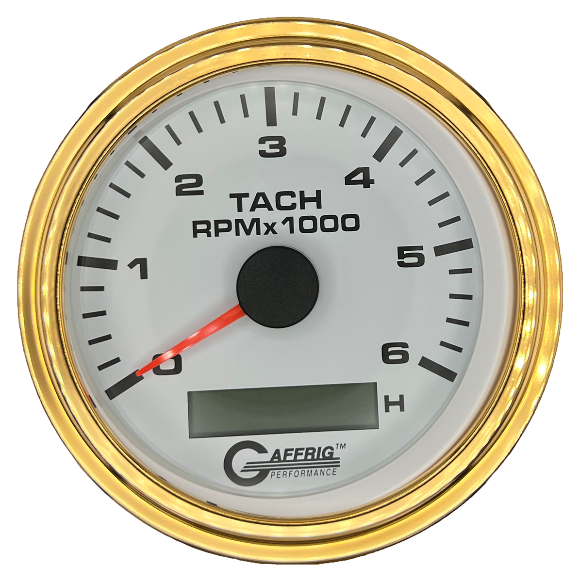 GAFFRIG 3 3/8 INCH ELECTRIC TACH/HOUR METER 6000, 8000, 10000 RPM WHITE 6000 / STEP RIM (008) / GOLD