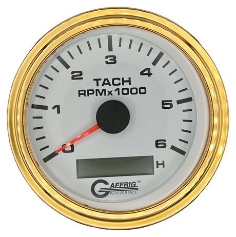 GAFFRIG 3 3/8 INCH ELECTRIC TACH/HOUR METER 6000, 8000, 10000 RPM WHITE 6000 / STEP RIM (008) / GOLD