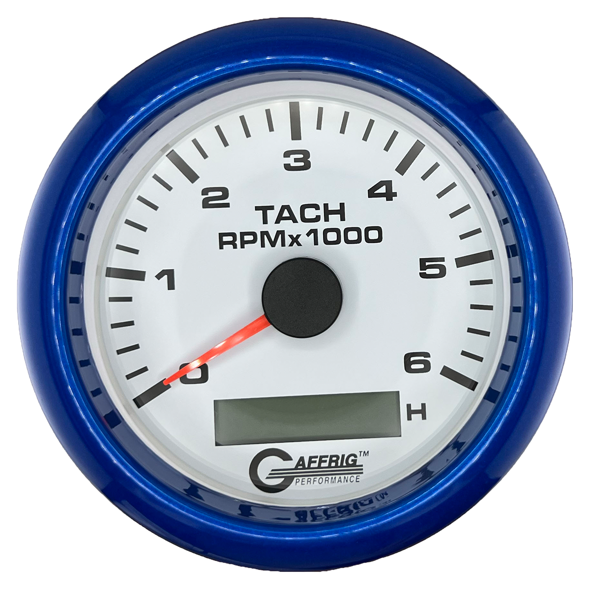 GAFFRIG 3 3/8 INCH ELECTRIC TACH/HOUR METER 6000, 8000, 10000 RPM WHITE 6000 / FAT RIM (338) / BLUE