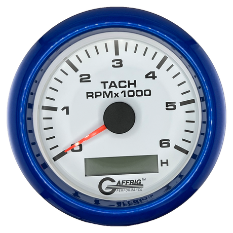 GAFFRIG 3 3/8 INCH ELECTRIC TACH/HOUR METER 6000, 8000, 10000 RPM WHITE 6000 / FAT RIM (338) / BLUE