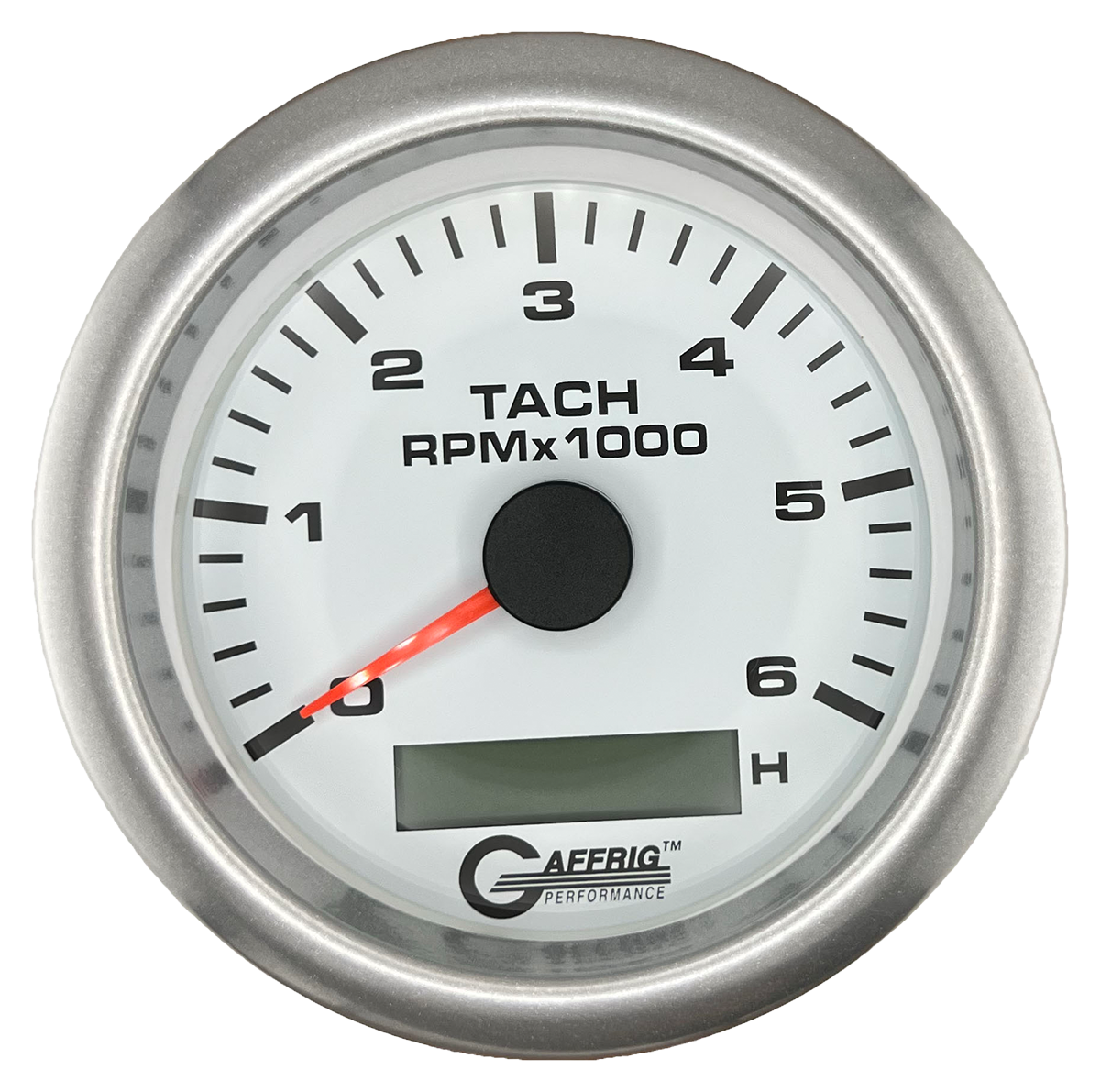 GAFFRIG 3 3/8 INCH ELECTRIC TACH/HOUR METER 6000, 8000, 10000 RPM WHITE 6000 / FAT RIM (338) / PLATINUM