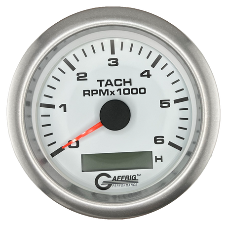 GAFFRIG 3 3/8 INCH ELECTRIC TACH/HOUR METER 6000, 8000, 10000 RPM WHITE 6000 / FAT RIM (338) / PLATINUM