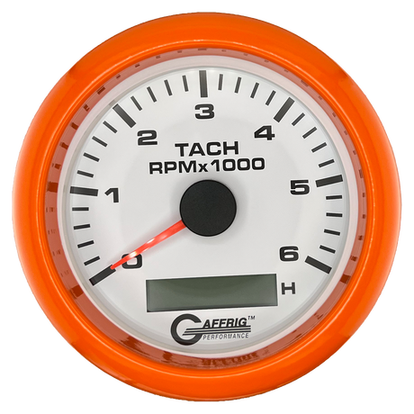 GAFFRIG 3 3/8 INCH ELECTRIC TACH/HOUR METER 6000, 8000, 10000 RPM WHITE 6000 / FAT RIM (338) / ORANGE