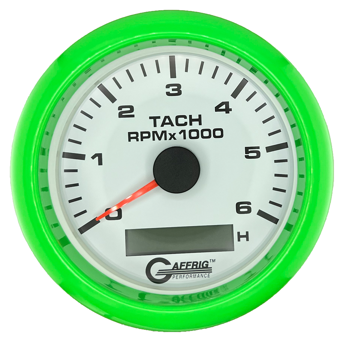 GAFFRIG 3 3/8 INCH ELECTRIC TACH/HOUR METER 6000, 8000, 10000 RPM WHITE 6000 / FAT RIM (338) / LIME GREEN